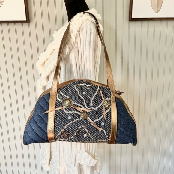 Studio 26 NY Denim Quilted Gold Mesh Sequins Large Satchel Bag New - Picture 1 of 12